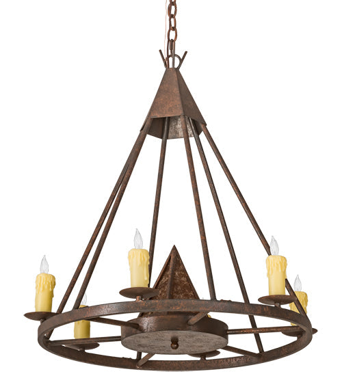 Meyda Lighting Desert Arrow 30" 7-Light Rusty Nail Chandelier With Amber Mica Shade Glass