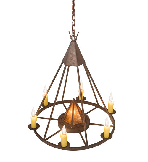 Meyda Lighting Desert Arrow 30" 7-Light Rusty Nail Chandelier With Amber Mica Shade Glass