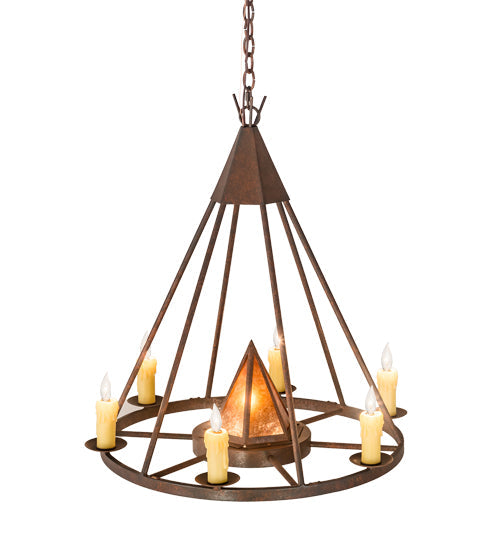 Meyda Lighting Desert Arrow 30" 7-Light Rusty Nail Chandelier With Amber Mica Shade Glass