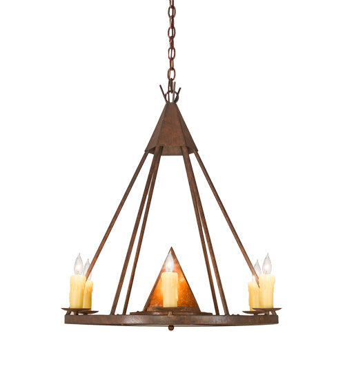 Meyda Lighting Desert Arrow 30" 7-Light Rusty Nail Chandelier With Amber Mica Shade Glass