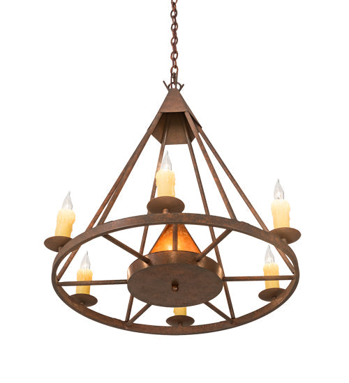 Meyda Lighting Desert Arrow 30" 7-Light Rusty Nail Chandelier With Amber Mica Shade Glass