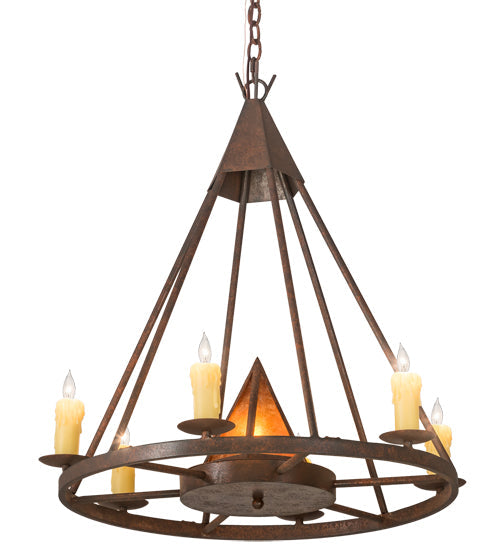 Meyda Lighting Desert Arrow 30" 7-Light Rusty Nail Chandelier With Amber Mica Shade Glass