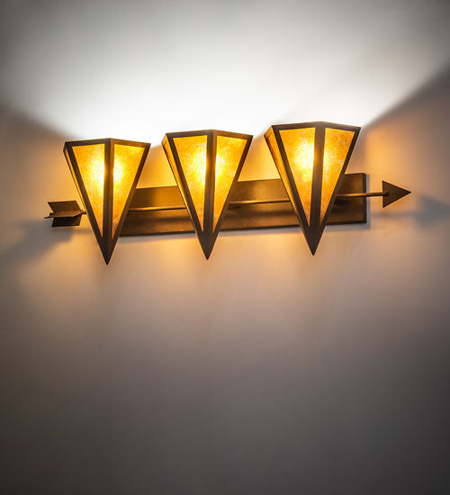 Meyda Lighting Desert Arrow 32" 3-Light Rusty Nail Vanity Light With Amber Mica Shade Glass