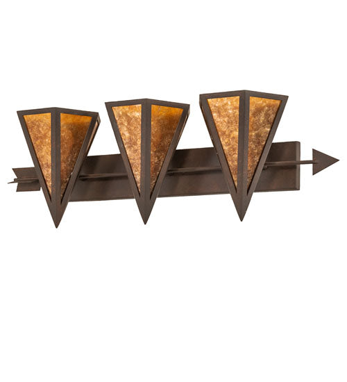 Meyda Lighting Desert Arrow 32" 3-Light Rusty Nail Vanity Light With Amber Mica Shade Glass