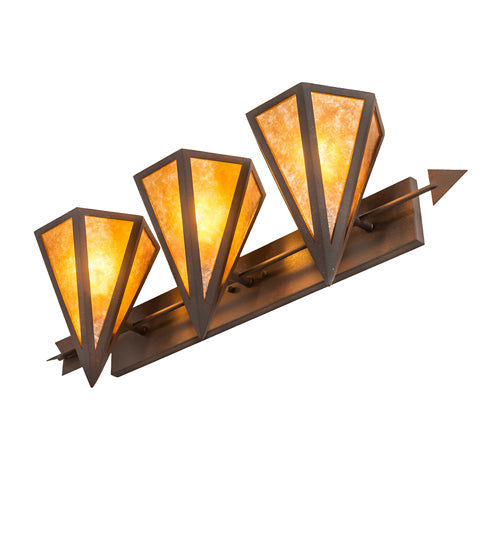 Meyda Lighting Desert Arrow 32" 3-Light Rusty Nail Vanity Light With Amber Mica Shade Glass