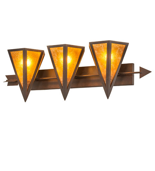 Meyda Lighting Desert Arrow 32" 3-Light Rusty Nail Vanity Light With Amber Mica Shade Glass