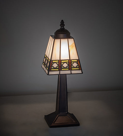 Meyda Lighting Diamond Band Mission 10" Mahogany Bronze Mini Table Lamp With Multi-Colored Stained Shade Glass