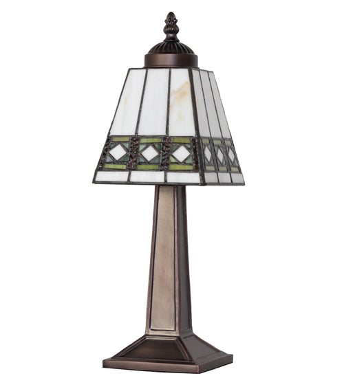 Meyda Lighting Diamond Band Mission 10" Mahogany Bronze Mini Table Lamp With Multi-Colored Stained Shade Glass