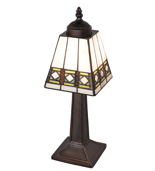 Meyda Lighting Diamond Band Mission 10" Mahogany Bronze Mini Table Lamp With Multi-Colored Stained Shade Glass