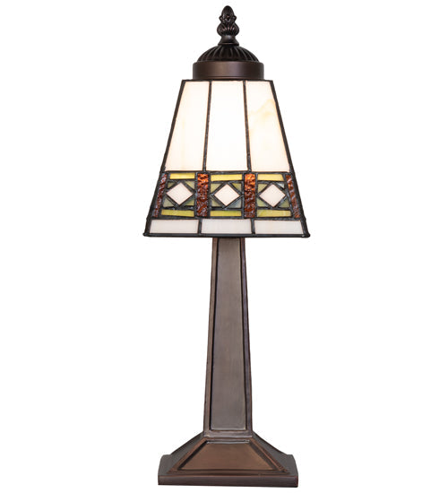 Meyda Lighting Diamond Band Mission 10" Mahogany Bronze Mini Table Lamp With Multi-Colored Stained Shade Glass
