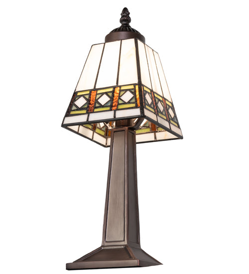 Meyda Lighting Diamond Band Mission 10" Mahogany Bronze Mini Table Lamp With Multi-Colored Stained Shade Glass