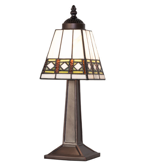 Meyda Lighting Diamond Band Mission 10" Mahogany Bronze Mini Table Lamp With Multi-Colored Stained Shade Glass