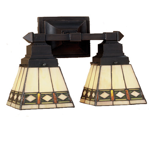 Meyda Lighting Diamond Band Mission 12" 2-Light Mahogany Bronze Wall Sconce With Multi-Colored Shade Glass