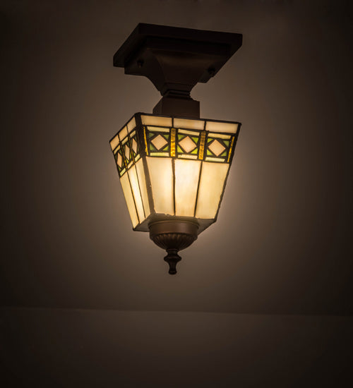 Meyda Lighting Diamond Band Mission 139925 7" Mahogany Bronze Flush Mount Light With Multi-Colored Shade Glass