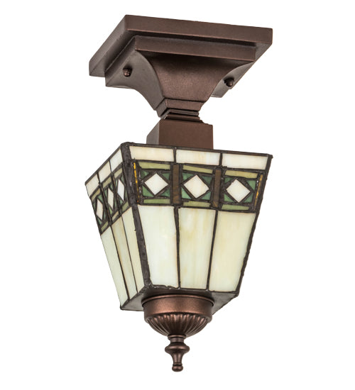 Meyda Lighting Diamond Band Mission 139925 7" Mahogany Bronze Flush Mount Light With Multi-Colored Shade Glass