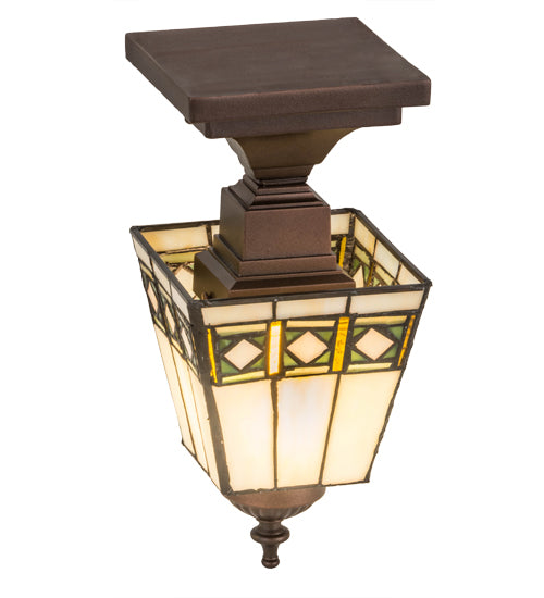 Meyda Lighting Diamond Band Mission 139925 7" Mahogany Bronze Flush Mount Light With Multi-Colored Shade Glass