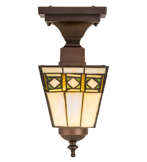 Meyda Lighting Diamond Band Mission 139925 7" Mahogany Bronze Flush Mount Light With Multi-Colored Shade Glass