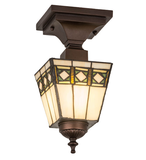 Meyda Lighting Diamond Band Mission 139925 7" Mahogany Bronze Flush Mount Light With Multi-Colored Shade Glass