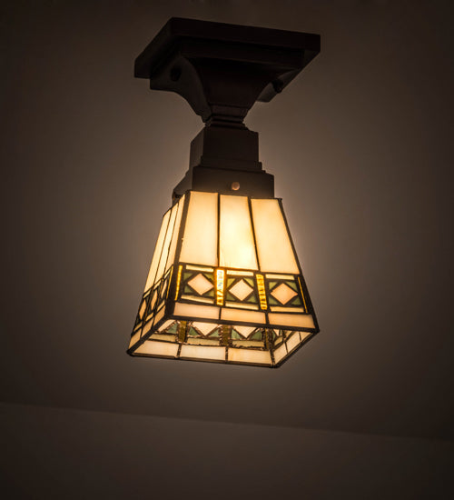 Meyda Lighting Diamond Band Mission 185602 7" Mahogany Bronze Flush Mount Light With Multi-Colored Shade Glass