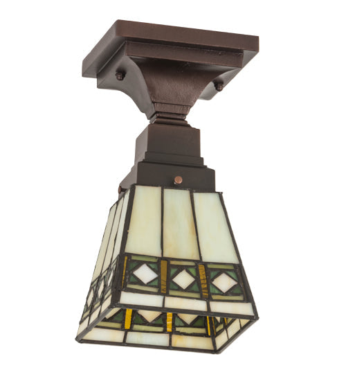 Meyda Lighting Diamond Band Mission 185602 7" Mahogany Bronze Flush Mount Light With Multi-Colored Shade Glass