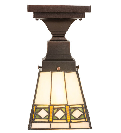 Meyda Lighting Diamond Band Mission 185602 7" Mahogany Bronze Flush Mount Light With Multi-Colored Shade Glass
