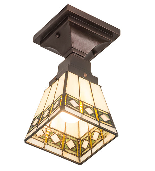Meyda Lighting Diamond Band Mission 185602 7" Mahogany Bronze Flush Mount Light With Multi-Colored Shade Glass
