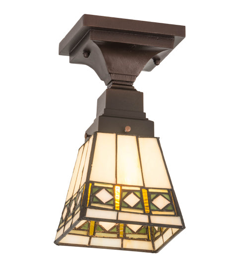 Meyda Lighting Diamond Band Mission 185602 7" Mahogany Bronze Flush Mount Light With Multi-Colored Shade Glass