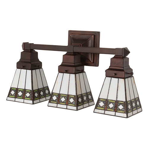 Meyda Lighting Diamond Band Mission 20" 3-Light Mahogany Bronze Vanity Light With Multi-Colored Shade Glass