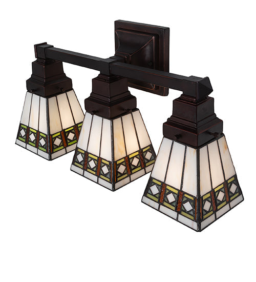 Meyda Lighting Diamond Band Mission 20" 3-Light Mahogany Bronze Vanity Light With Multi-Colored Shade Glass