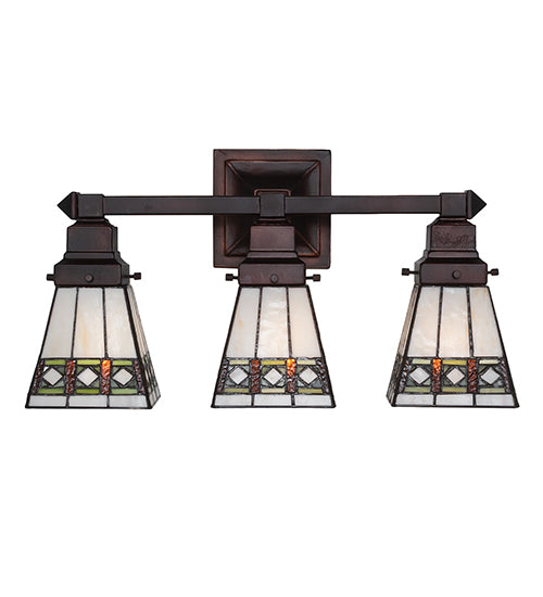 Meyda Lighting Diamond Band Mission 20" 3-Light Mahogany Bronze Vanity Light With Multi-Colored Shade Glass