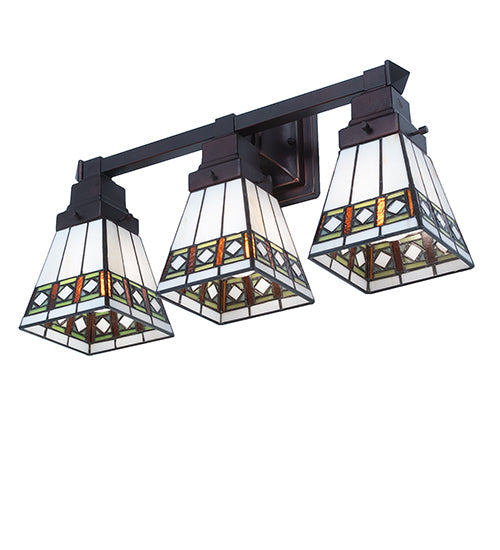 Meyda Lighting Diamond Band Mission 20" 3-Light Mahogany Bronze Vanity Light With Multi-Colored Shade Glass