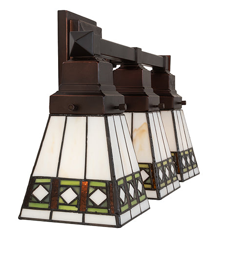 Meyda Lighting Diamond Band Mission 20" 3-Light Mahogany Bronze Vanity Light With Multi-Colored Shade Glass