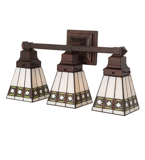 Meyda Lighting Diamond Band Mission 20" 3-Light Mahogany Bronze Vanity Light With Multi-Colored Shade Glass