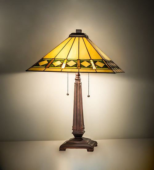 Meyda Lighting Diamond Band Mission 23" 2-Light Mahogany Bronze Table Lamp With Multi-Colored Shade Glass