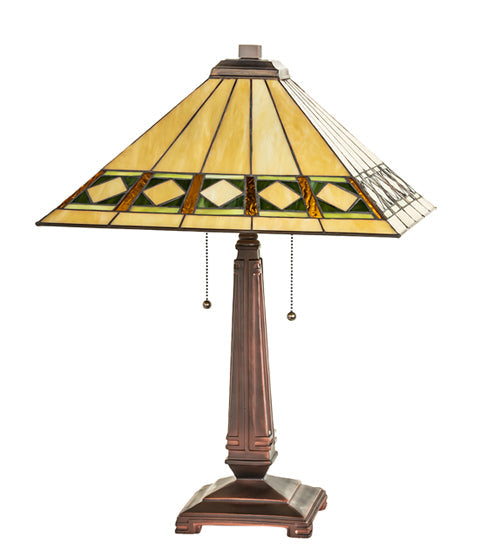 Meyda Lighting Diamond Band Mission 23" 2-Light Mahogany Bronze Table Lamp With Multi-Colored Shade Glass