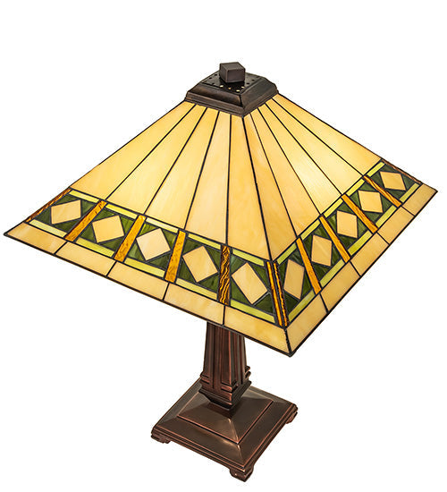 Meyda Lighting Diamond Band Mission 23" 2-Light Mahogany Bronze Table Lamp With Multi-Colored Shade Glass