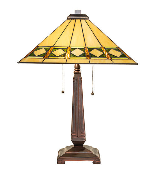 Meyda Lighting Diamond Band Mission 23" 2-Light Mahogany Bronze Table Lamp With Multi-Colored Shade Glass