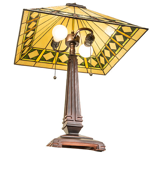 Meyda Lighting Diamond Band Mission 23" 2-Light Mahogany Bronze Table Lamp With Multi-Colored Shade Glass