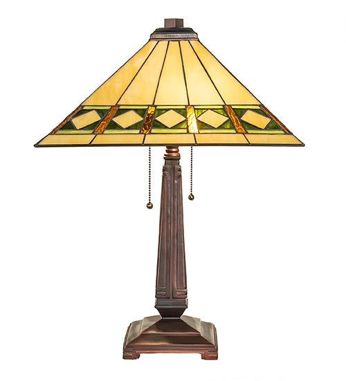 Meyda Lighting Diamond Band Mission 23" 2-Light Mahogany Bronze Table Lamp With Multi-Colored Shade Glass