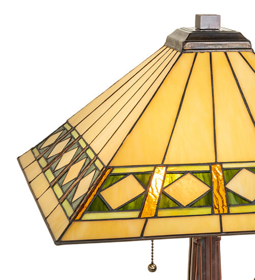 Meyda Lighting Diamond Band Mission 23" 2-Light Mahogany Bronze Table Lamp With Multi-Colored Shade Glass
