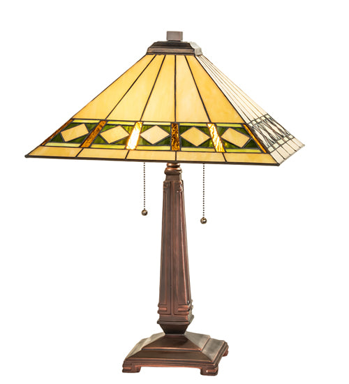 Meyda Lighting Diamond Band Mission 23" 2-Light Mahogany Bronze Table Lamp With Multi-Colored Shade Glass