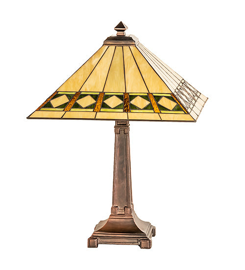 Meyda Lighting Diamond Band Mission 24" 2-Light Mahogany Bronze Table Lamp With Multi-Colored Shade Glass
