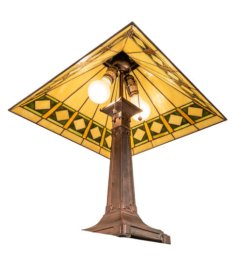 Meyda Lighting Diamond Band Mission 24" 2-Light Mahogany Bronze Table Lamp With Multi-Colored Shade Glass