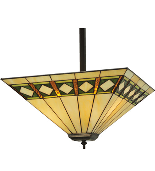 Meyda Lighting Diamond Band Mission 24" 3-Light Mahogany Bronze Inverted Pendant Light With Multi-Colored Shade Glass
