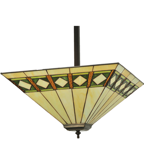 Meyda Lighting Diamond Band Mission 24" 3-Light Mahogany Bronze Inverted Pendant Light With Multi-Colored Shade Glass