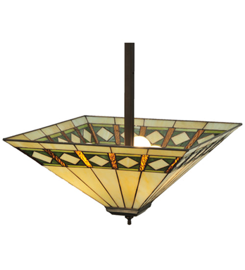 Meyda Lighting Diamond Band Mission 24" 3-Light Mahogany Bronze Inverted Pendant Light With Multi-Colored Shade Glass