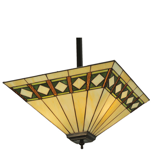 Meyda Lighting Diamond Band Mission 24" 3-Light Mahogany Bronze Inverted Pendant Light With Multi-Colored Shade Glass