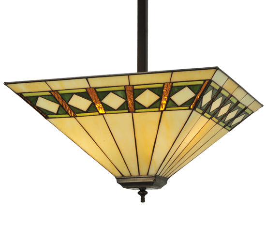 Meyda Lighting Diamond Band Mission 24" 3-Light Mahogany Bronze Inverted Pendant Light With Multi-Colored Shade Glass