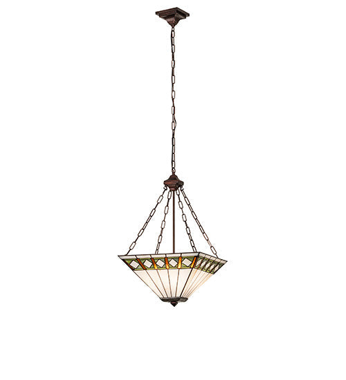 Meyda Lighting Diamond Band Mission 24" 4-Light Mahogany Bronze Inverted Pendant Light With Green & Beige Shade Glass