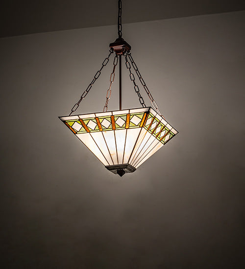 Meyda Lighting Diamond Band Mission 24" 4-Light Mahogany Bronze Inverted Pendant Light With Green & Beige Shade Glass